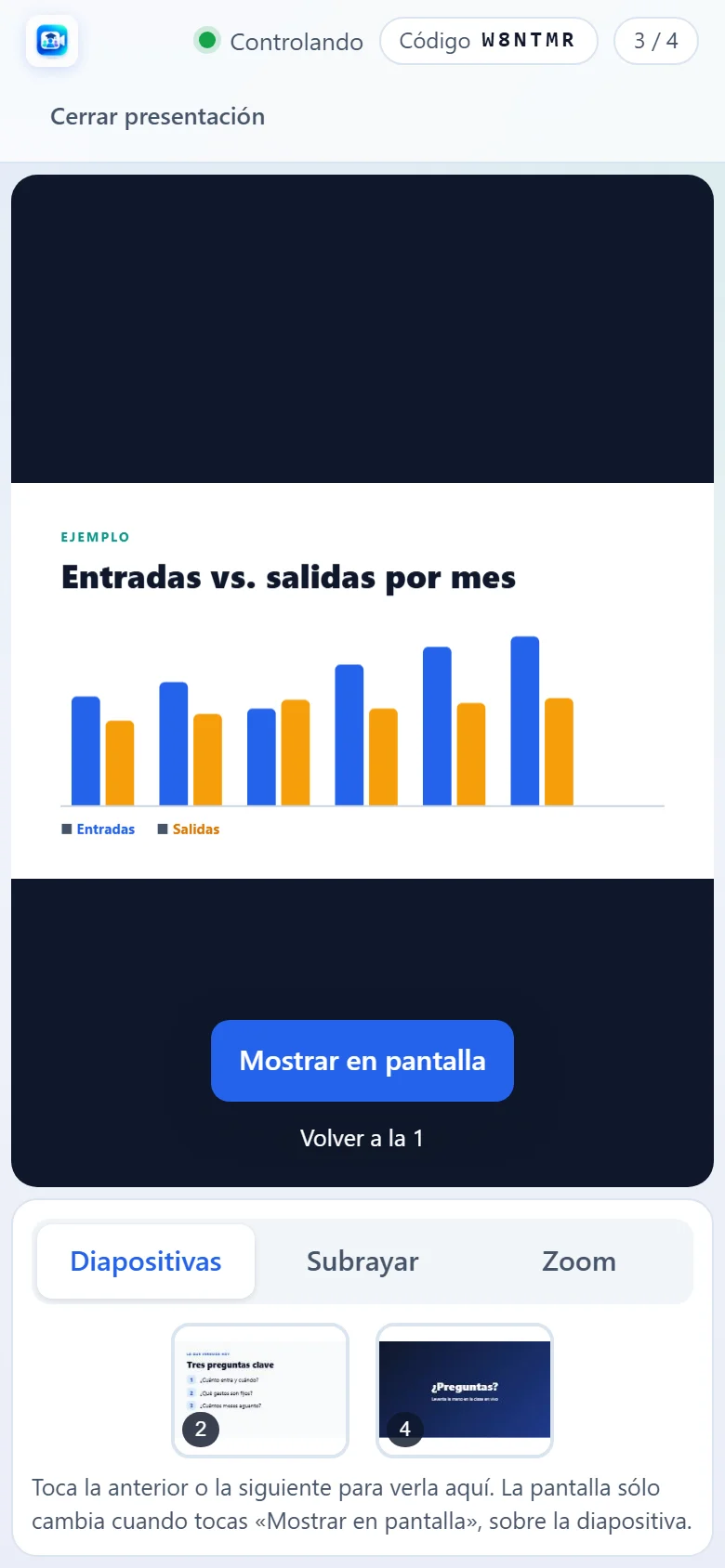 El celular controlando la presentación y viendo la siguiente diapositiva